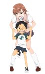  10s 1boy 1girl 2015 age_difference bandaid bandaid_on_face bandaid_on_nose bare_legs black_hair brown_eyes brown_hair child finger_in_another&#039;s_mouth frown full_body grabbing grabbing_another&#039;s_arm grabbing_from_behind happy height_difference highres huitu_c light_blush looking_at_another looking_at_viewer looking_down loose_socks miniskirt misaka_mikoto non-web_source one_eye_closed open_mouth school_uniform shirt shoes short_hair shorts size_difference skirt smile smug socks standing standing_on_one_leg stretching_cheeks summer_uniform sweater_vest tears teasing thighs toaru_kagaku_no_railgun toaru_majutsu_no_index tokiwadai_school_uniform white_background white_socks 