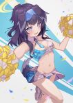  1girl absurdres animal_ears bare_shoulders black_hair blue_archive blue_eyes blush breasts cheerleader cleavage crop_top dog_ears dog_girl dog_tail goggles goggles_on_head halo hibiki_(blue_archive) hibiki_(cheer_squad)_(blue_archive) highres holding holding_pom_poms ko_otori127 leg_up looking_at_viewer medium_breasts midriff miniskirt navel official_alternate_costume open_mouth panties pom_pom_(cheerleading) shoes skirt sneakers solo standing standing_on_one_leg stomach tail underwear 