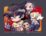  2boys 2girls :3 alisa_boskonovich bags_under_eyes black_hair blue_jacket border braid brown_eyes chain claws devil_jin dress elbow_gloves fingerless_gloves forehead_jewel frown gloves green_eyes grey_border grey_horns grey_pants horns hwoarang_(tekken) jacket kazama_jin kotorai looking_to_the_side multiple_boys multiple_girls nina_williams no_nose pants pectorals pink_hair red_footwear red_gloves shirt short_hair sitting tekken the_king_of_fighters_all-stars thick_eyebrows topless_male v-shaped_eyebrows veil white_dress white_gloves white_shirt yellow_eyes 