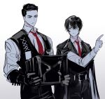  2boys black_coat black_eyes black_gloves black_hair black_vest coat coat_on_shoulders collared_shirt gloves highres id_card limbus_company meursault_(project_moon) multiple_boys necktie parted_lips project_moon red_necktie remsrar shirt vest white_shirt yi_sang_(project_moon) 