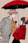  1boy 1girl adooble black_hair blonde_hair brown_background commentary earrings fedora flower green_eyes grey_headwear grey_suit hairband hand_in_pocket hat height_difference highres holding holding_flower holding_umbrella husband_and_wife jacket jewelry necktie orange_hairband orange_necktie red_eyes red_jacket sidelocks signature smile spy_x_family striped striped_jacket striped_suit suit twilight_(spy_x_family) umbrella yor_briar 