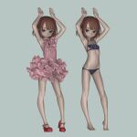  1girl 3d :o absurdres armpits arms_up asymmetrical_bangs bare_legs bare_shoulders barefoot bikini black_bikini blush brown_eyes brown_hair commentary_request dress flat_chest frilled_dress frills full_body halterneck high_heels highres knees kuroboshi_kouhaku llenn_(sao) looking_at_viewer multiple_views navel pink_dress rabbit_pose red_footwear sayori_(neko_works) short_hair simple_background sleeveless sleeveless_dress smile standing stomach swimsuit sword_art_online sword_art_online_alternative:_gun_gale_online toes transparent_background 