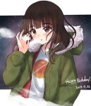  1girl birthday blush brown_eyes brown_hair commentary dated english_text happy_birthday highres hood hooded_jacket jacket katanashi_(ktnsh_popu) kusunoki_tomori medium_hair real_life solo upper_body voice_actor 