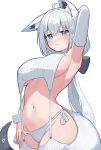  1girl absurdres ahoge animal_ear_fluff animal_ears arm_up armpits blue_eyes blush breasts closed_mouth deaver detached_sleeves fox_ears fox_girl fox_tail highres hololive large_breasts long_hair looking_at_viewer meme_attire navel panties shirakami_fubuki simple_background solo stomach tail underboob underwear very_long_hair virgin_destroyer_sweater white_background white_hair white_panties 