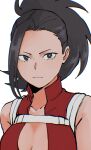  1girl black_eyes black_hair boku_no_hero_academia breasts center_opening closed_mouth hair_pulled_back highres leotard medium_breasts nishino_(fetv8484) ponytail red_leotard simple_background solo white_background yaoyorozu_momo 