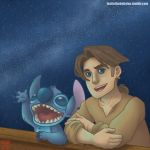  2013 4_fingers 5_fingers alien blue_claws blue_eyes blue_fur blue_nose brown_hair chest_tuft claws clothed clothing crossover digital_drawing_(artwork) digital_media_(artwork) disney duo ear_piercing ear_ring experiment_(species) fur hair head_tuft human jim_hawkins lilo_and_stitch lostinthebabylon male mammal night_sky notched_ear open_mouth open_smile piercing smile stitch treasure_planet tuft url 