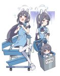  1girl angel&#039;s_24_uniform_(blue_archive) animal_ears apron black_bow black_bowtie black_hair blue_apron blue_archive bow bowtie collared_shirt fake_animal_ears flying_sweatdrops grey_halo halo highres in_trash_can long_hair miyu_(blue_archive) multiple_views official_alternate_costume pantyhose polo_shirt rabbit_ears red_eyes shirt shoes short_sleeves simple_background sneakers striped striped_bow striped_bowtie syumi080 trash_can white_background white_footwear white_pantyhose white_shirt 