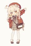  1girl :d adapted_costume bag blonde_hair bow braid brown_dress coat dress full_body genshin_impact hair_bow highres klee_(genshin_impact) komano_shia red_coat red_eyes red_footwear red_headwear shoulder_bag smile solo standing twin_braids waving 