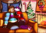 anthro bear candy candy_cane canid canine chimney christmas christmas_clothing christmas_tree chubby_male clothed clothing cuddling dessert digital_media_(artwork) duo embrace food fur giant_panda hi_res holidays holly_(plant) hug kiss_on_lips legwear male male/male mammal muscular muscular_male panfluff_(xpanda6) plant raccoon_dog red_panda_mirr slightly_chubby tanuki tree vanilla_(azuresun98) white_body white_fur