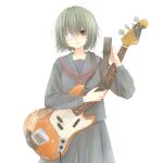  1girl black_serafuku black_skirt broken_guitar eyepatch green_hair guitar holding holding_guitar holding_instrument instrument lala_(watashi_no_koko) matsuda_hikari official_art pleated_skirt red_eyes school_uniform serafuku short_hair simple_background skirt solo watashi_no_koko white_background 