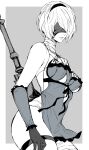  1girl 2b_(nier:automata) absurdres bandage_on_neck bandages bandaid bandaid_on_leg bare_shoulders blindfold breasts closed_mouth commentary_request cosplay frills gloves grey_background greyscale hair_ornament hairband highres kaine_(nier) kaine_(nier)_(cosplay) lips medium_breasts mole mole_under_mouth monochrome negligee nier nier:automata nier_(series) nishiii26miii short_hair simple_background sleeveless thighhighs thighs weapon 