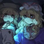  2girls black_eyes black_headwear blonde_hair cellphone closed_mouth commentary_request gloves hat hat_ribbon highres holding holding_phone kaigen_1025 long_hair matara_okina mob_cap multiple_girls neck_ribbon phone puffy_short_sleeves puffy_sleeves purple_shirt red_ribbon ribbon screen_light shirt short_sleeves touhou wavy_hair white_gloves white_headwear yakumo_yukari 