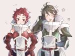  1boy 1girl armor bare_shoulders breasts brown_hair closed_eyes facing_viewer fire_emblem fire_emblem_awakening green_armor looking_to_the_side medium_breasts raisin2626 red_armor red_eyes red_hair stahl_(fire_emblem) sully_(fire_emblem) teeth upper_teeth_only 