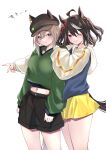  2girls :q ahoge alternate_costume animal_ear_headwear animal_ears black_hair black_headwear black_shorts blue_eyes blue_jacket bright_pupils brown_hair cheval_grand_(umamusume) closed_mouth commentary_request double-parted_bangs green_hoodie hair_between_eyes hand_on_another&#039;s_shoulder hat highres hood hood_down hoodie horse_ears horse_girl horse_tail jacket kitasan_black_(umamusume) long_sleeves looking_at_viewer midriff multicolored_hair multiple_girls navel one_eye_closed peaked_cap puffy_long_sleeves puffy_sleeves red_eyes short_hair short_hair_with_long_locks shorts simple_background skirt smile streaked_hair tail thighs tongue tongue_out two_side_up umamusume v v-shaped_eyebrows white_background white_hair white_pupils yellow_skirt yoino_iyo 