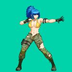  1girl abs aoi_ship arm_pouch bare_shoulders biceps blue_hair boots breasts camouflage camouflage_pants cargo_pants cleavage combat_boots crop_top dog_tags earrings jewelry large_breasts leona_heidern long_hair muscular muscular_female pants pixel_art ponytail simple_background snk soldier solo tank_top the_king_of_fighters the_king_of_fighters_xiv torn_clothes triangle_earrings yellow_tank_top 