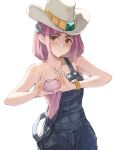  1girl blush brown_eyes cowboy_hat denim_overalls frown hat heart heart-shaped_boob_challenge heart_hands highres jojobirdz lacey_(pokemon) looking_at_viewer overalls pink_hair pokemon pokemon_sv short_hair simple_background solo strap_slip strapless thick_eyebrows watch wristwatch 