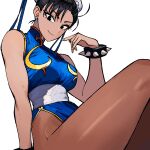  1girl belt black_eyes black_hair blue_dress blue_ribbon bracelet breasts bun_cover china_dress chinese_clothes chun-li double_bun dress hair_behind_ear hair_bun hair_ribbon highres jewelry looking_at_viewer looking_down medium_breasts ribbon simple_background sleeveless sleeveless_dress smile solo spiked_bracelet spikes street_fighter tan white_background white_belt zeon_(zzeeonn) 