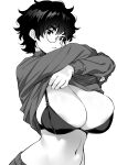  1girl absurdres areola_slip bra breasts cleavage clothes_lift glasses greyscale highres huge_breasts lifted_by_self long_sleeves messy_hair monochrome navel okuyama original parted_lips round_eyewear shirt_lift short_hair solo undersized_breast_cup underwear 