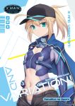  ahoge artoria_pendragon_(fate) baseball_cap black_headwear black_shorts blonde_hair blue_jacket blue_scarf breasts comiket comiket_103 cover cover_page cross_(crossryou) doujin_cover fate/grand_order fate_(series) green_eyes hat jacket long_sleeves medium_breasts mysterious_heroine_x_(fate) navel ponytail scarf short_shorts shorts stomach track_jacket 