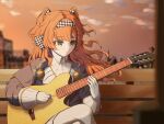  1girl absurdres blurry blurry_background braid checkered_hairband closed_mouth cloud crossed_legs feet_out_of_frame gloves green_eyes guitar hair_ornament highres holding holding_guitar holding_instrument instrument jewelry long_hair looking_to_the_side music necklace orange_hair playing_instrument puffy_sleeves reverse:1999 side_braid sitting_on_bench solo sonetto_(reverse:1999) sunset turtleneck white_gloves wind 