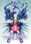  1girl absurdres alternate_hair_color beanie blue_eyes blue_hair boots closed_mouth coat darkrai dawn_(pokemon) full_body gloves hair_ornament hat highres knee_boots legs_apart light_blue_hair long_hair long_sleeves looking_at_viewer matomero outstretched_arms pink_footwear pink_gloves pokemon pokemon_(creature) pokemon_dppt pokemon_platinum red_coat reflection ripples scarf smile snow snowing split_mouth standing thighhighs white_headwear white_scarf white_thighhighs 