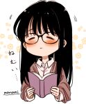  1girl artist_name black-framed_eyewear black_hair blush book brown_shawl closed_eyes closed_mouth collared_shirt commentary_request cropped_torso facing_viewer floral_background glasses himawari-san himawari-san_(character) holding holding_book long_hair long_sleeves motion_lines open_book shawl shirt signature solo sugano_manami translation_request upper_body white_background white_shirt 