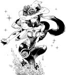  1girl :p breasts commentary earrings genshin_impact gloves greyscale guee_(ebifry_teishoku) hat highres jewelry long_hair looking_at_viewer mona_(genshin_impact) monochrome pantyhose simple_background solo spread_legs tongue tongue_out twintails water white_background witch_hat 