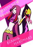  artist_request azami_(pokemon) bangs bare_shoulders black_hair character_name crop_top fangs frontier_brain happy_new_year highres multicolored_hair navel new_year pants pokemon pokemon_(game) pokemon_rse red_eyes red_hair seviper tongue tongue_out very_long_hair 