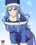  1girl artist_name blue_background blue_eyes blue_hair breasts capelet closed_mouth commentary fairy_tail frown fur-trimmed_capelet fur_trim juvia_lockser kaos_art leaning_forward long_hair looking_at_viewer medium_breasts snowflake_background solo 