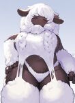 anthro big_breasts black_body black_skin bovid breasts caprine chino_(kishibe) clothing ears_down eyes_closed female fur garter_straps hand_on_hip hi_res kishibe legwear mammal panties pivoted_ears pseudo_clothing sheep solo thick_thighs underwear white_body white_clothing white_fur white_legwear white_panties white_underwear