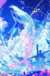  1girl blue_sky building canvas_(object) cloud day dress fish flower highres makoron117117 original outdoors scenery sky solo tulip water whale windmill 