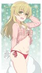  1girl absurdres ada_badguy blonde_hair blush breasts carpaccio_(girls_und_panzer) commentary_request girls_und_panzer green_eyes highres long_hair looking_at_viewer navel open_mouth panties red_panties side-tie_panties small_breasts smile snowflake_background solo underwear 