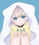  1boy animal_ears blue_background blue_eyes blush cat_ears chestnut_mouth collar fake_animal_ears ghost_costume grey_hair hands_on_own_knees head_tilt highres hood hoodie knees_up looking_at_viewer male_focus open_mouth original sheet_ghost short_hair sitting solo yusa_popo 