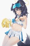  1girl absurdres animal_ears black_hair blue-tinted_eyewear blue_archive blue_eyes breasts cheerleader commentary cowboy_shot dog_ears dog_tail eyewear_on_head halo hibiki_(blue_archive) hibiki_(cheer_squad)_(blue_archive) high_ponytail highres long_hair looking_ahead medium_breasts navel official_alternate_costume open_mouth paw_pose pleated_skirt pom_pom_(cheerleading) ponytail r1meo simple_background skirt solo star_sticker sticker_on_face tail thighs tinted_eyewear white_background white_skirt yellow_halo 
