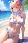  1girl absurdres artoria_pendragon_(fate) artoria_pendragon_(swimsuit_archer)_(fate) bare_arms bare_shoulders beach bikini blonde_hair breasts commentary_request day fate/grand_order fate_(series) flower green_eyes hair_flower hair_ornament highres large_breasts long_hair looking_at_viewer navel outdoors parted_lips ponytail side-tie_bikini_bottom sidelocks sitting solo stomach studiopokotan swimsuit water wet white_bikini 