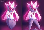  anthro blush bottomless clothed clothing crystal diamond_(gem) diancie digital_media_(artwork) female feral gem humanoid legendary_pok&eacute;mon looking_at_viewer mineral_fauna nintendo not_furry one_eye_closed open_mouth pok&eacute;mon pok&eacute;mon_(species) pussy raised_arm simple_background sirredbenjamin smile solo standing video_games wink 