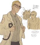  1boy absurdres annoyed arcade_gannon black_pants blonde_hair blue_eyes closed_mouth coat collared_shirt cropped_legs cross ed-e fallout_(series) fallout_new_vegas glasses hair_slicked_back highres holding holding_clothes holding_coat lab_coat looking_at_another looking_down male_focus motsu_pot open_mouth pants robot shirt sweatdrop teeth white_background white_coat 