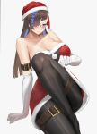  1girl bare_shoulders blue_eyes blue_hair blush braid breasts christmas cleavage dress duel_monster hair_over_one_eye hat highres large_breasts long_hair multicolored_hair red_headwear santa_costume santa_dress santa_hat sayaka_ikku solo streaked_hair thigh_strap witchcrafter_haine yu-gi-oh! 