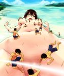  1girl 6+boys areolae between_legs blush breasts breasts_apart brown_hair giantess green_eyes large_breasts lying miniboy multiple_boys navel nipples nude on_back open_mouth out-of-frame_censoring size_difference sweat tagme tears teston 