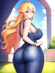  1girl absurdres ai-generated ass blonde_hair blue_eyes breasts earrings gloves highres jewelry kedamajigoku55 looking_at_viewer mario_(series) naked_overalls outdoors overalls princess_peach saliva white_gloves 