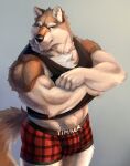 2015 adios anthro biceps black_clothing black_shirt black_topwear brown_body brown_fur canid canine canis clothed clothing clothing_lift colored english_text fur hi_res humanoid_hands male mammal muscular muscular_anthro muscular_male muscular_thighs one_eye_closed shirt shirt_lift solo tan_body tan_fur text topwear triceps underwear wolf