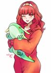  celica_(fire_emblem) commission commissioner_upload dragon fire_emblem fire_emblem:_the_blazing_blade fire_emblem_echoes:_shadows_of_valentia fire_emblem_heroes highres ninian_(fire_emblem) one_eye_closed open_mouth pajamas princess red_eyes red_hair red_pajamas rotomdocs smile stuffed_toy tiara 
