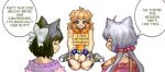  3girls absurdres animal_ears bare_shoulders black_hair blonde_hair cat_ears dialogue_box dog_ears fox_ears hair_ornament hair_ribbon highres hood hoodie kneeling kohinata_miku long_hair meltted multiple_girls pet_shaming pleated_skirt ribbon senki_zesshou_symphogear sign skirt smile tachibana_hibiki_(symphogear) white_hair yukine_chris yuri 