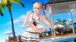 1girl 3d bikini blonde_hair blue_eyes dead_or_alive dead_or_alive_xtreme_3_fortune finger_up looking_at_viewer marie_rose navel outdoors palm_tree pool ribbon sky smile solo swimsuit white_bikini 