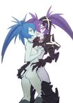  2girls ass ass_grab black_rock_shooter black_rock_shooter_(character) blue_eyes blue_hair breast_grab clothed_female_nude_female dual_persona french_kiss gauntlets grabbing greaves grey_skin groping hair_over_one_eye insane_black_rock_shooter kiss multiple_girls nipples purple_eyes purple_hair selfcest small_breasts szymon_hedinn_kuran tongue_out twintails yuri 