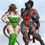 1:1 2023 2_horns 3_fingers anthro areola areola_slip big_breasts black_body black_collar black_fur black_hair blizzard_entertainment bovid bovine breasts brown_body brown_fur brown_hair christmas christmas_clothing cleavage clothed clothing collar duo ebon_thundermoon female fingers fur green_clothing green_eyes green_legwear green_leotard green_thigh_highs hair hair_over_eye hands_on_hips hi_res holidays horn kvie_cloverhoof_(kvie) legwear leotard long_hair mammal markings muscular muscular_female one_eye_obstructed planktonheretic red_eyes red_ribbon ribbons skimpy standing tail tauren thigh_highs tribal tribal_markings warcraft