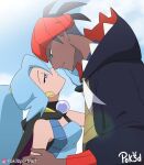  1boy 1girl absurdres artist_logo blue_bodysuit blue_eyes blue_gloves blue_hair blue_sky bodysuit clair_(pokemon) commission dark-skinned_male dark_skin earrings eye_contact from_side gloves height_difference hetero highres hood hoodie imminent_kiss jewelry looking_at_another pok3d pokemon pokemon_hgss pokemon_swsh ponytail raihan_(pokemon) sky trait_connection 