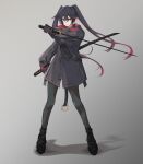 1036692563 absurdres black_hair black_jacket dual_wielding gradient_hair grey_background hair_between_eyes highres holding holding_sword holding_weapon jacket katana long_hair long_sleeves lucia_(punishing:_gray_raven) mechanical_arms mechanical_legs multicolored_hair parted_bangs punishing:_gray_raven red_eyes red_hair sidelocks streaked_hair sword twintails weapon 