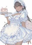  1girl absurdres angel_wings black_hair cake dark-skinned_female dark_skin dress feathered_wings food frilled_dress frills green_eyes headdress highres long_hair looking_at_viewer low_wings original puffy_short_sleeves puffy_sleeves short_sleeves solo thighhighs uni_(melm) waitress white_background white_dress white_thighhighs wings 