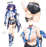  1girl artist_name ass black_shorts blue_archive blue_eyes blue_necktie blush breasts covered_nipples full_body halo highres id_card jacket long_hair mechanical_halo medium_breasts necktie purple_hair royboy shirt shorts simple_background sleeveless solo thigh_pouch thighs two-sided_fabric two-sided_jacket white_background white_shirt yuuka_(blue_archive) 